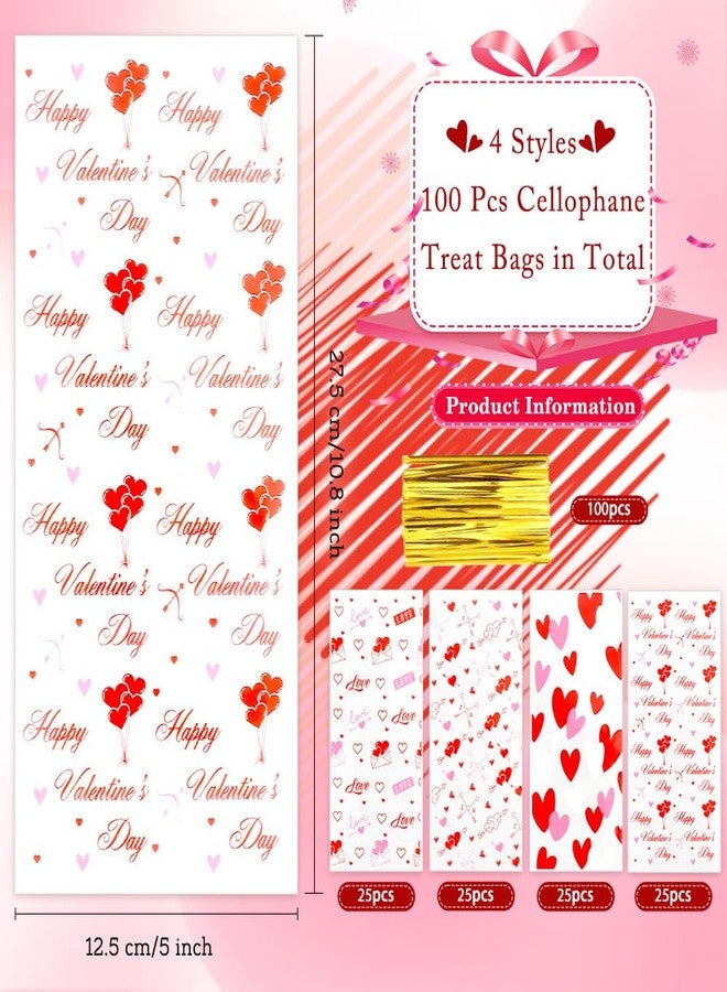Slergut 100 Pcs Valentine Treat Bags Valentine Cellophane Treat Bags 5 x 10 Inch Plastic Candy Cookie Bag with Gold Twist Ties for Goodies 4 Styles Gift Favor Bag for Valentines Day Wedding Party Supplies - Image 3